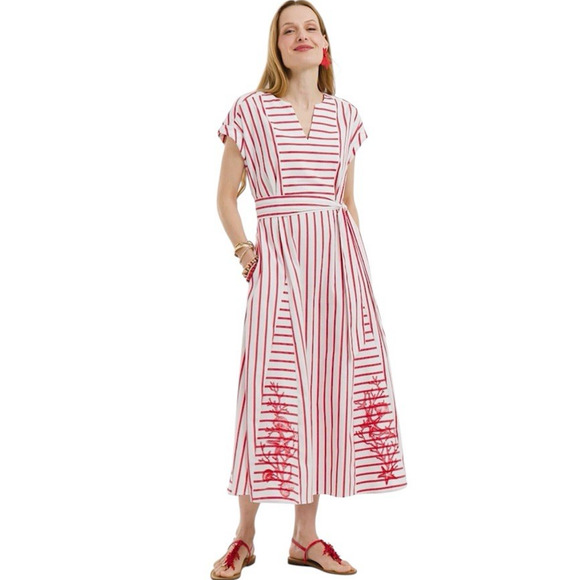 Chico's Embroidered Godet Stripe Maxi Dress Large 12 Red Coastal Vacation Resort - Picture 2 of 16